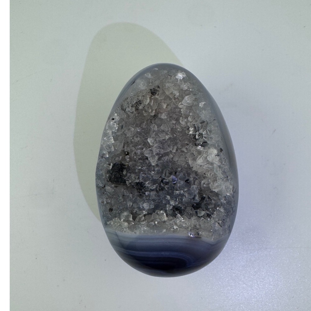 Natural Agate Druzy Egg Geode Crystal Specimen Blue Grey Polished Stone 2.59"